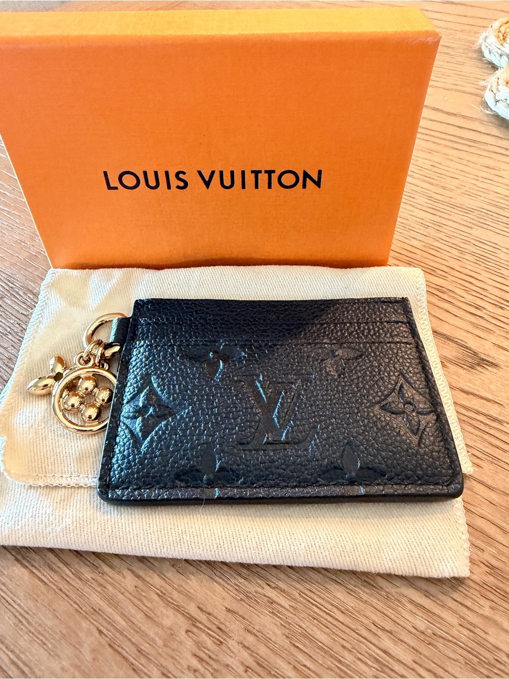 Louis Vuitton Black Monogram Embossed Card Holder with Gold Key Charm